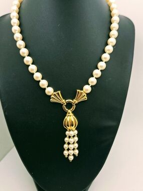 Vintage Cream Pearl Necklace with Gold Tassel Drop